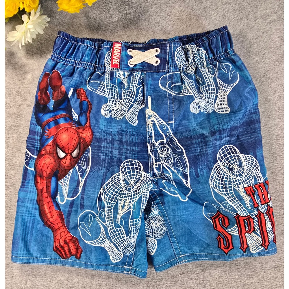 Marvel The Amazing Spiderman Boys Blue Plaid Swim Trunks Size 2T 2007 Vintage